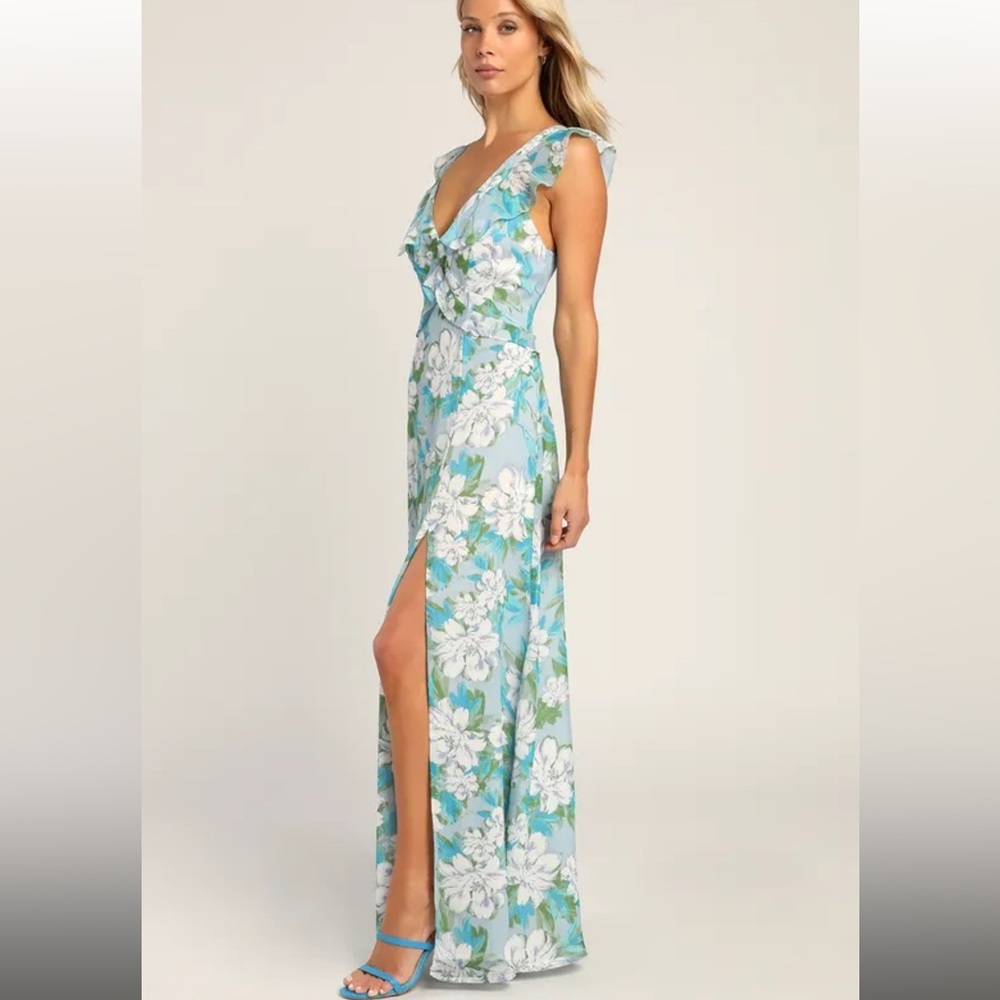 NEW! Lulu’s Sensational Spring Light Blue Floral Print Ruffled Maxi Dress 🌷 - Picture 3 of 13